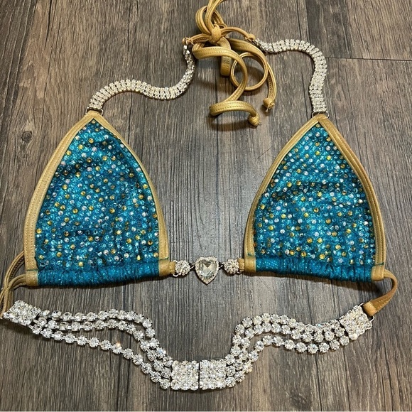 Competition Bikini Suit Bodybuilding Gold Encrusted Rhinestone Blue Muscle Fit S - Picture 13 of 17